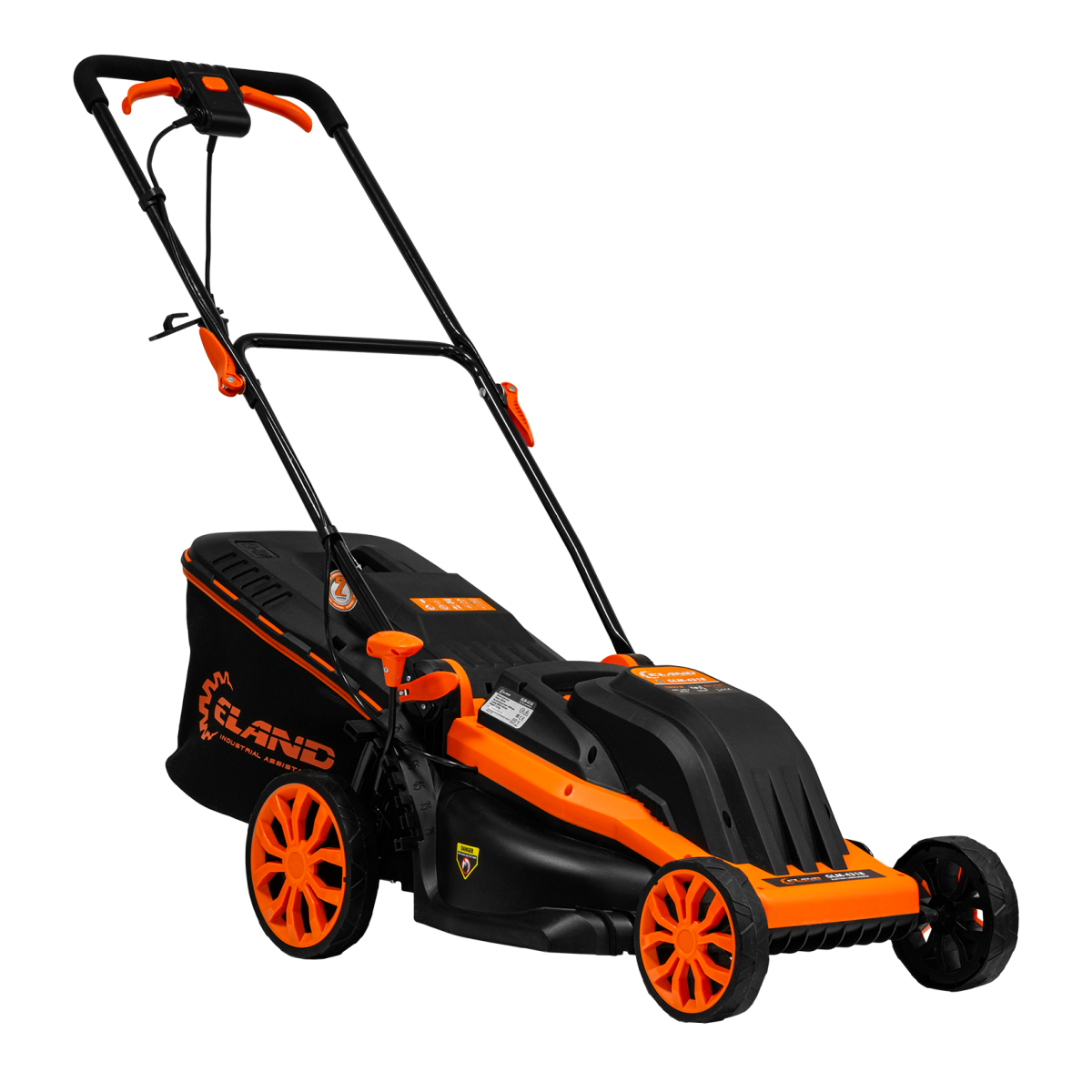 Газонокосилка ELAND GLM-4318 — вид на травосборник и колёса