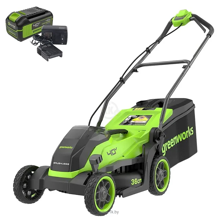 Газонокосилка Greenworks GD40LM361K4 2520807UB с 1 АКБ — вид спереди и сбоку