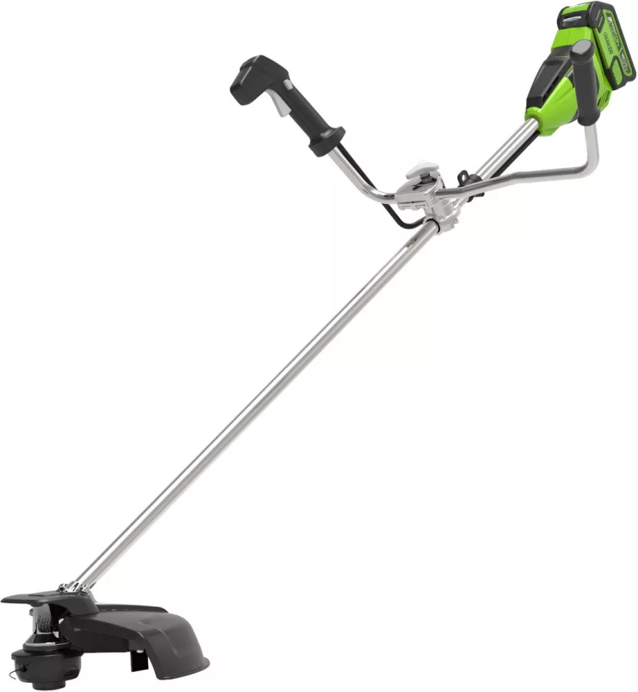 Триммер Greenworks GD40BCBK4 с аккумулятором 4 Ач — вид спереди и сбоку